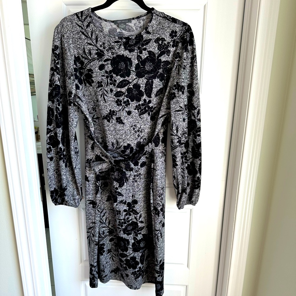 Black and Grey Floral Sweater Dress with Ties